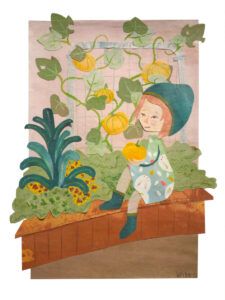 Oogsttijd. Collage van handgeschilderd en geknipt Japans rijstpapier.