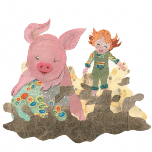 Dierenpret. Een roze varken speelt met een strandbal in de modder en wordt achterna gezeten door een kind. Deze geknipte illustratie is gemaakt van handgeschilderd papier en transparant folie.