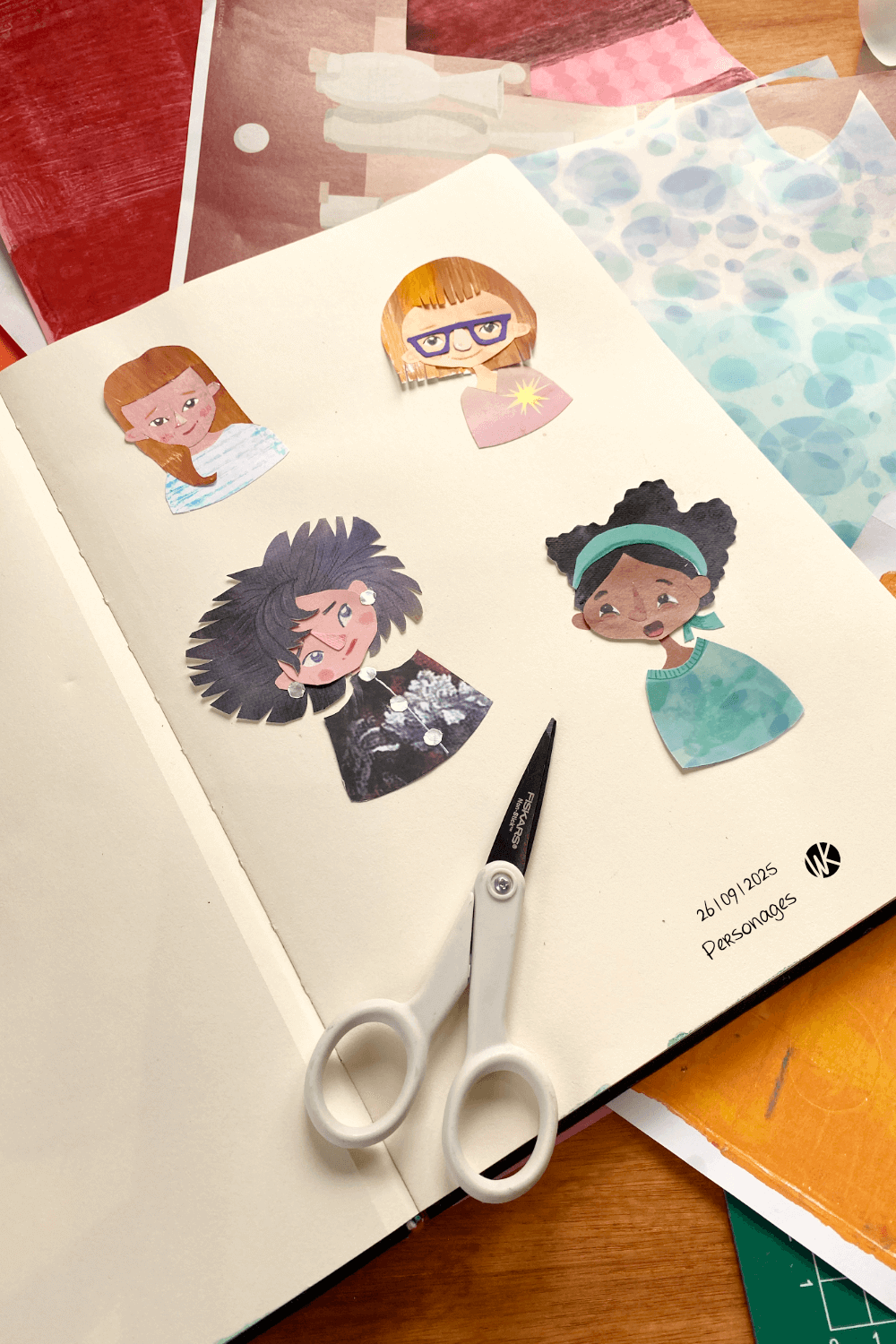 Spelen met gezichten in mijn schetsboek. Een pagina met vier verschillende portretten : een roodharige vrouw met korte pony en blauwgestreept T-shirt, een meisje met een bob en paarse bril, een vrouw met wild zwart haar en hooggesloten gebloemd jasje met zilveren knopen, en een donkere vrouw met krullen en een zeeblauw sjaaltje in het haar.