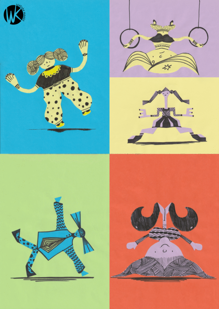 Vijf rare vogels bij elkaar. Collage van vijf symmetrisch uitgeknipte fantasievolle figuren op een kleurrijke achtergrond. Met zwarte stift zijn details getekend.